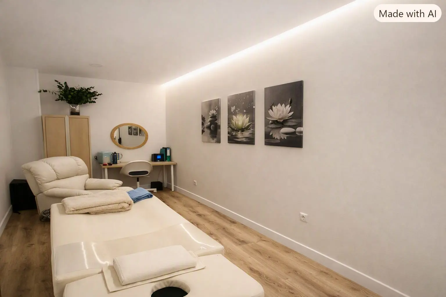 Imagen ilustrativa generada con IA de una sala de tratamiento con camilla y decoración relajante