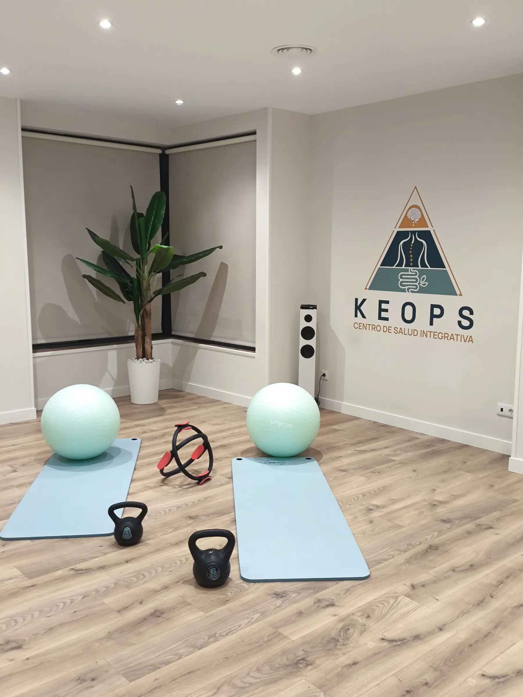 Sala de ejercicio terapéutico de la clínica Keops en Móstoles, con colchonetas y material de entrenamiento